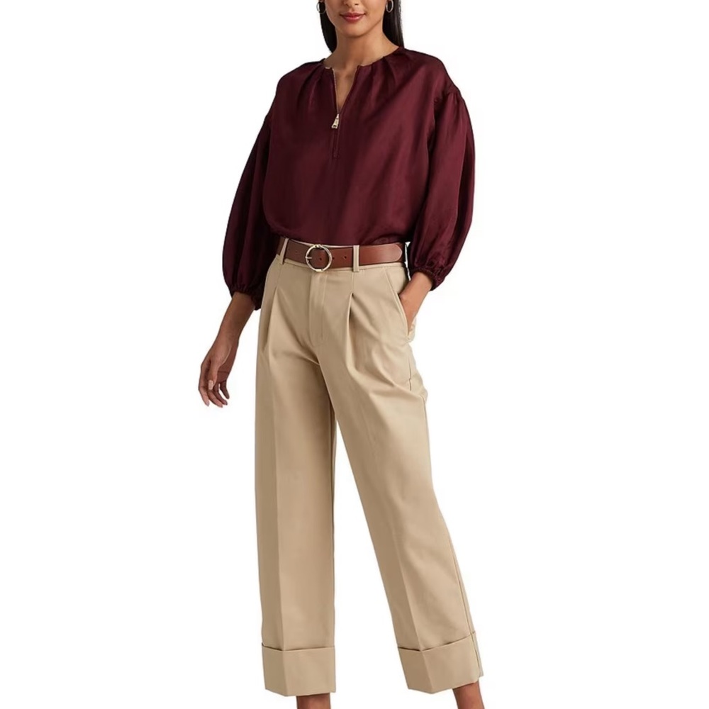 Ralph Lauren Shantung Blouson Sleeve Round Neck Quarter Zip Blouse Gold Zipper - Picture 5 of 8